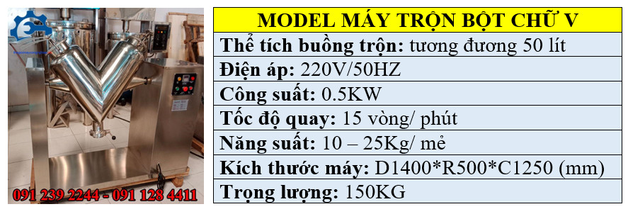 Thông số kỹ thuật máy trộn chữ V
