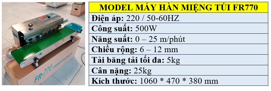 Thông số kỹ thuật máy hàn miệng túi bạc