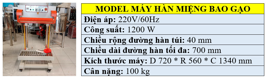 Thông số kỹ thuật máy hàn miệng túi đứng