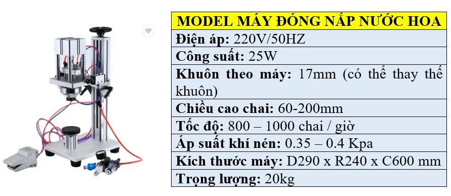 Thông số chi tiết máy đóng nắp chai nước hoa