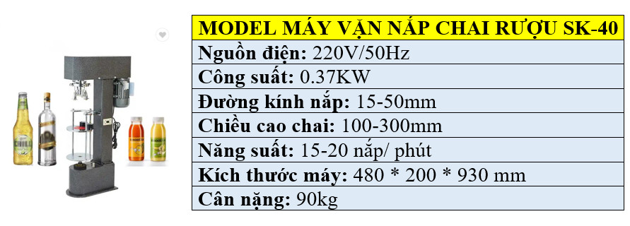 Thông số kỹ thuật máy đóng nắp chai rượu