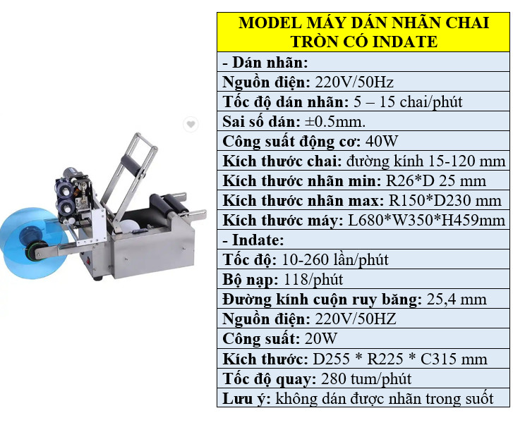 Thông số kỹ thuật máy dán tem nhãn chai tròn