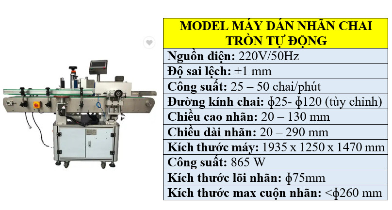 Thông số kỹ thuật máy dán nhãn decal chai tròn