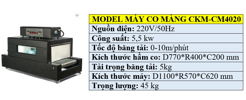 Thông số kỹ thuật máy bọc màng co nhiệt