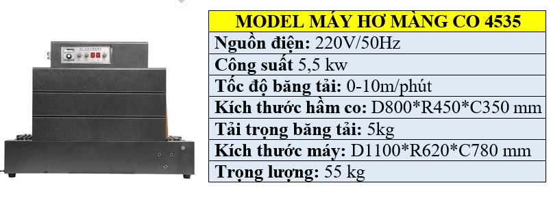 Thông số kỹ thuật máy bọc màng co hộp giấy