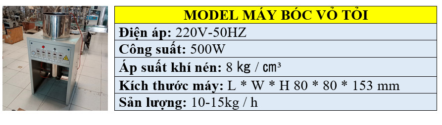 Thông số kỹ thuật máy bóc vỏ tỏi