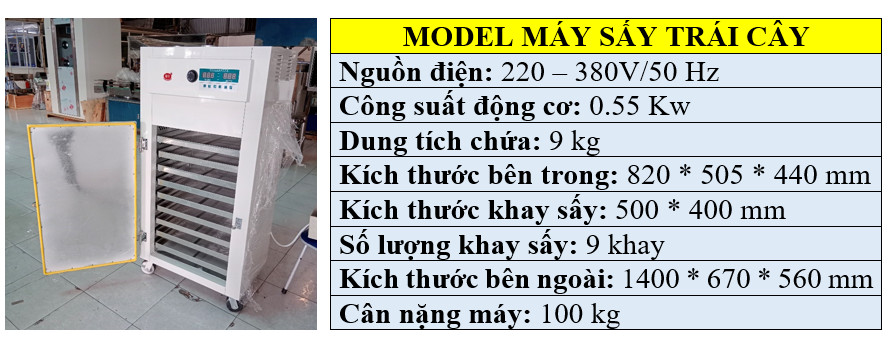Thông số kỹ thuật máy sấy trái cây khô