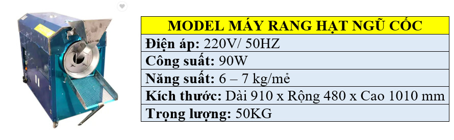 Thông số kỹ thuật máy rang hạt ngũ cốc